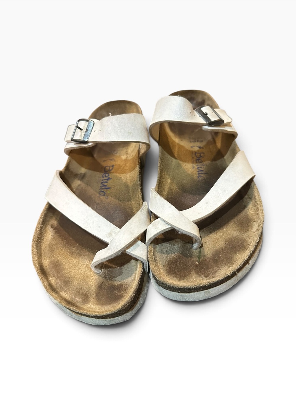 White Leather Buckle Toe-Loop Sandals